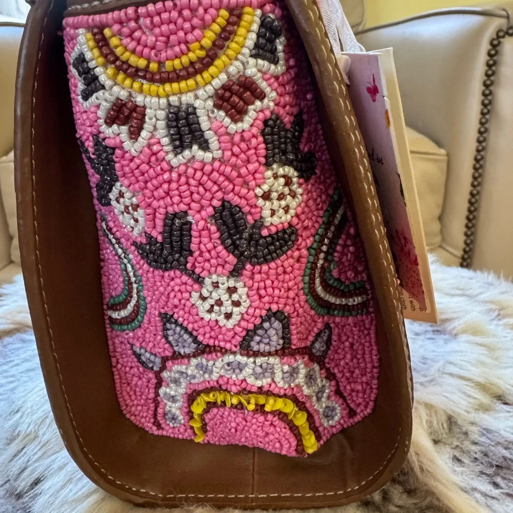 Pink Beaded Handbag handcrafted from India. NWT - Picture 4 of 9